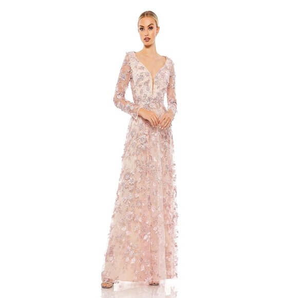NEW Mac Duggal Floral Applique Long Sleeve Illusion Gown Rose Pink Dress Z71 - Picture 1 of 12